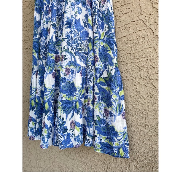 HAILEY & CO Blue White Purple & Green Floral Printed Smocked Tiered Maxi Dress L - Picture 7 of 13